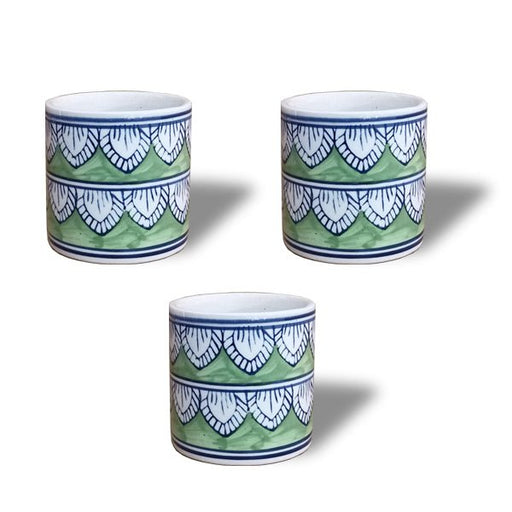 3.5 inch (8 cm) Leaf Design Cylindrical Ceramic Pot (Set of 3)(Green)