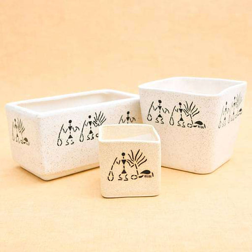 warli painting ceramic pots - pack of 3