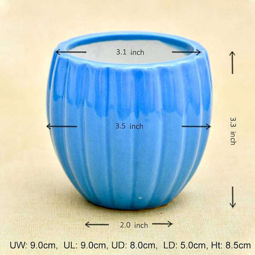 3.1 inch (8 cm) vertical ridges pattern round ceramic pot (blue) (set of 2) 