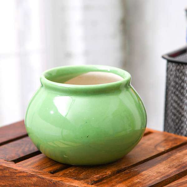 3 inch (8 cm) handi shape round ceramic pot (green) (set of 3) 