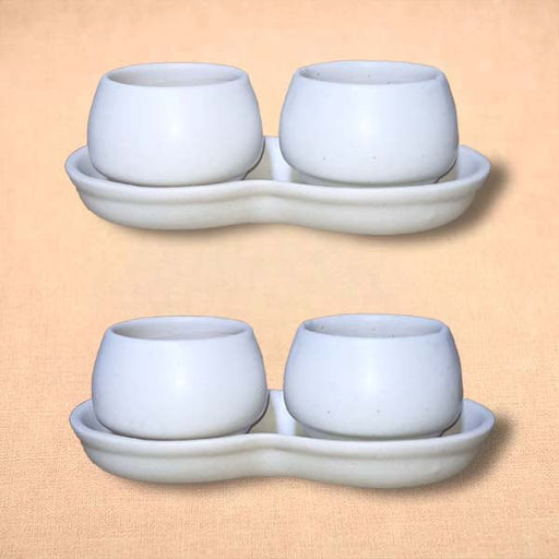 2.5 inch (6 cm) Round Ceramic 2 Pot Set with Plate (Set of 2)(White)