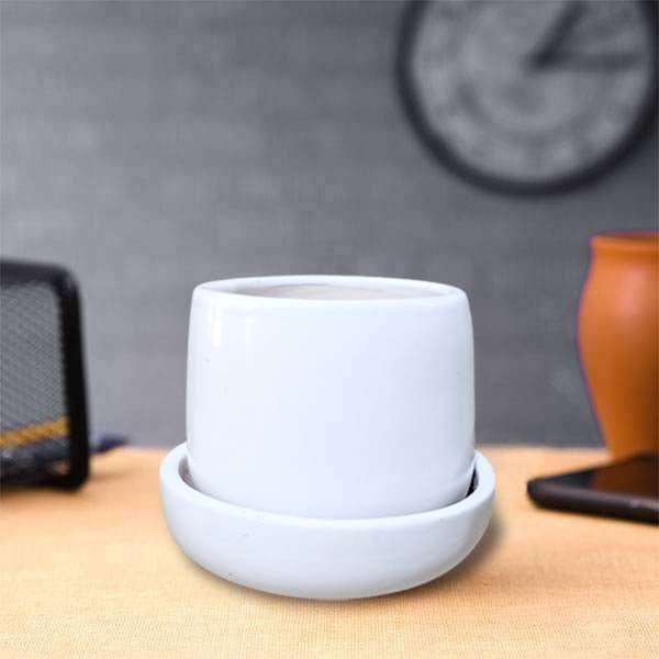 3.5 inch (8 cm) Jar Shape Round Ceramic Pot with Plate (Set of 1)(White)