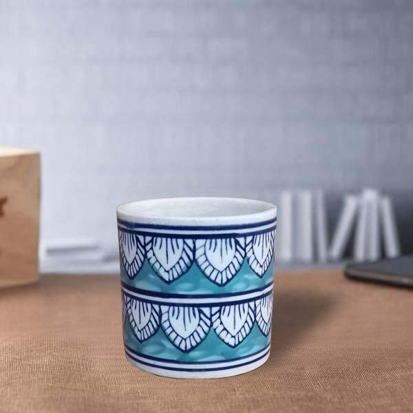 3.5 inch (8 cm) Leaf Design Cylindrical Ceramic Pot (Set of 1)(Blue)