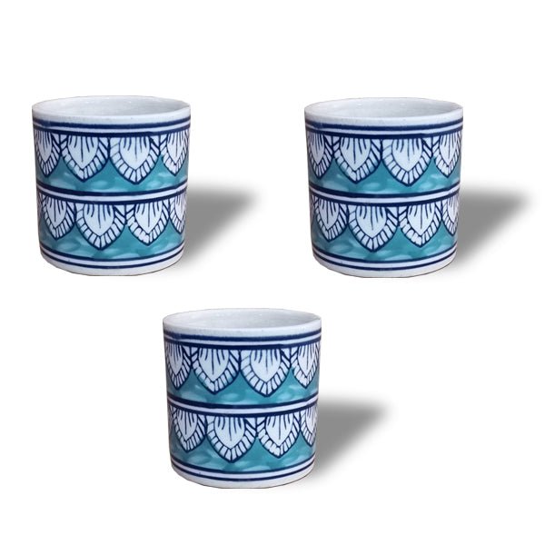 3.5 inch (8 cm) Leaf Design Cylindrical Ceramic Pot (Set of 3)(Blue)