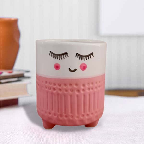 3.7 inch (9 cm) Cute Shy Girl Round Ceramic Pot (Set of 1)(White Pink)