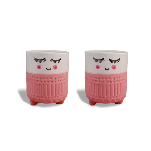 3.7 inch (9 cm) Cute Shy Girl Round Ceramic Pot (Set of 2)(White Pink)
