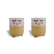 3.7 inch (9 cm) Cute Shy Girl Round Ceramic Pot (Set of 2)(White Yellow)