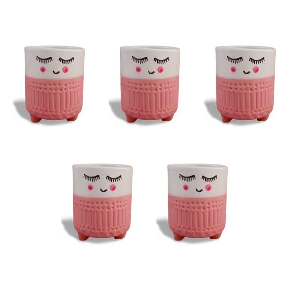 3.7 inch (9 cm) Cute Shy Girl Round Ceramic Pot (Set of 5)(White Pink)