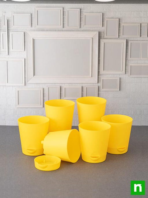 3.9 inch (10 cm) krish no. 10 self watering round plastic planter (yellow) (set of 6) 