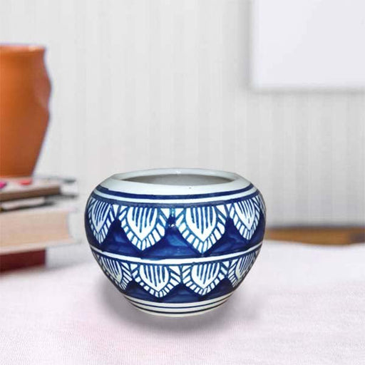 3 inch (7 cm) Apple Round Ceramic Pot (Set of 1)(Blue Leaf Design)