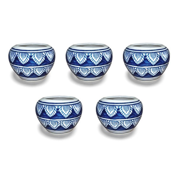 3 inch (7 cm) Apple Round Ceramic Pot (Set of 5)(Blue Leaf Design)