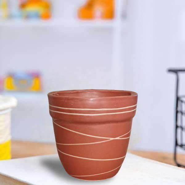 4.5 inch (11 cm) Thread Design Round Ceramic Pot with Rim (Set of 1)(Brown)