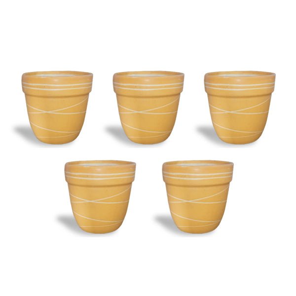 4.5 inch (11 cm) Thread Design Round Ceramic Pot with Rim (Set of 5)(Yellow)