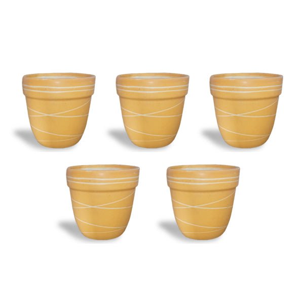 4.5 inch (11 cm) Thread Design Round Ceramic Pot with Rim (Set of 5)(Yellow)