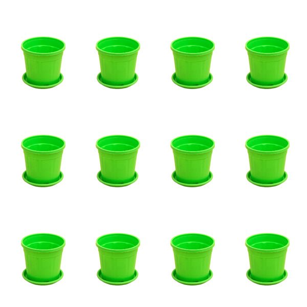 4 inch (10 cm) Grower Round Plastic Pot (Set of 12)(Green)(With Plate)