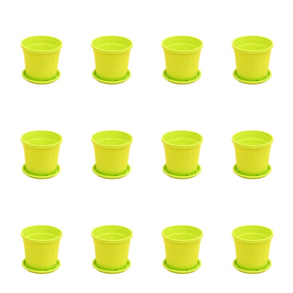 4 inch (10 cm) Grower Round Plastic Pot (Set of 12)(Lime Yellow)(With Plate)
