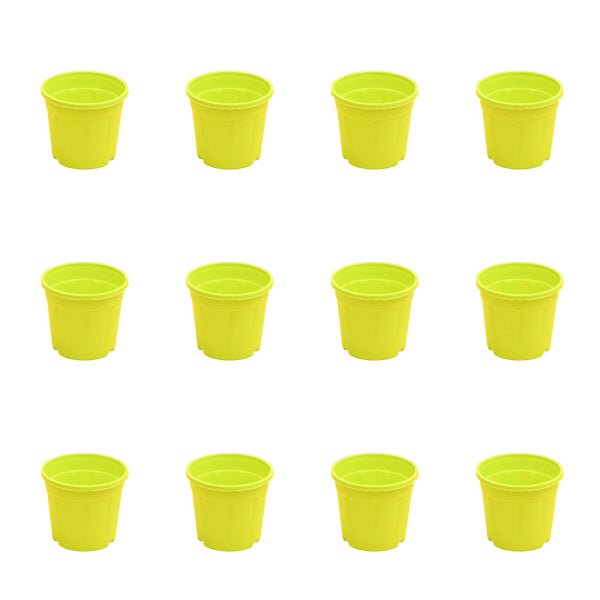 4 inch (10 cm) Grower Round Plastic Pot (Set of 12)(Lime Yellow)(Without Plate)