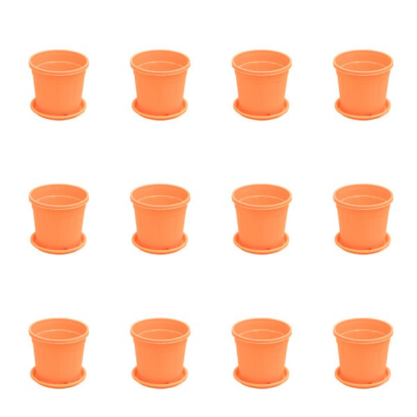 4 inch (10 cm) Grower Round Plastic Pot (Set of 12)(Orange)(With Plate)