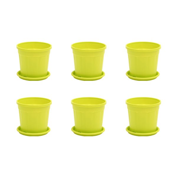 4 inch (10 cm) Grower Round Plastic Pot (Set fo 6)(Lime Yellow)(With Plate)
