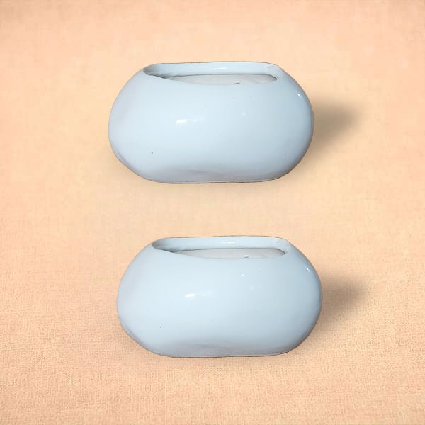 4 inch (10 cm) Stone Shape Round Cylindrical Ceramic Pot (Set of 2)(White)