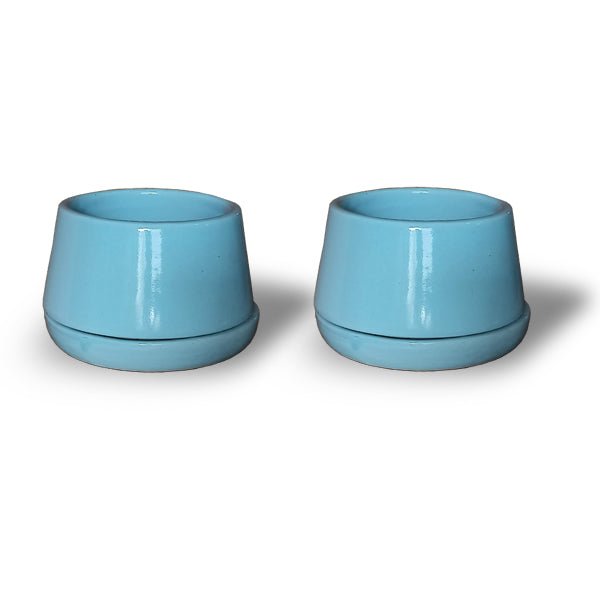 5 inch (12 cm) U Shape Ceramic Pot with Plate (Set of 2)(Cyan Blue)