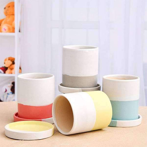 3.1 inch (8 cm) cylindrical ceramic pots with plates - pack of 4