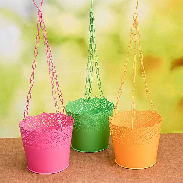 6.5 inch (17 cm) aching hanging round metal pot with chain - pack of 3