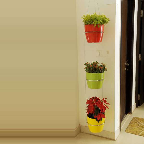 9.1 inch (23 cm) ronda no. 2320 round plastic planters with 3 tier hanging kit (red 
