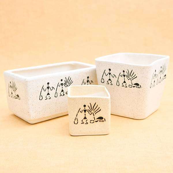warli painting ceramic pots - pack of 3