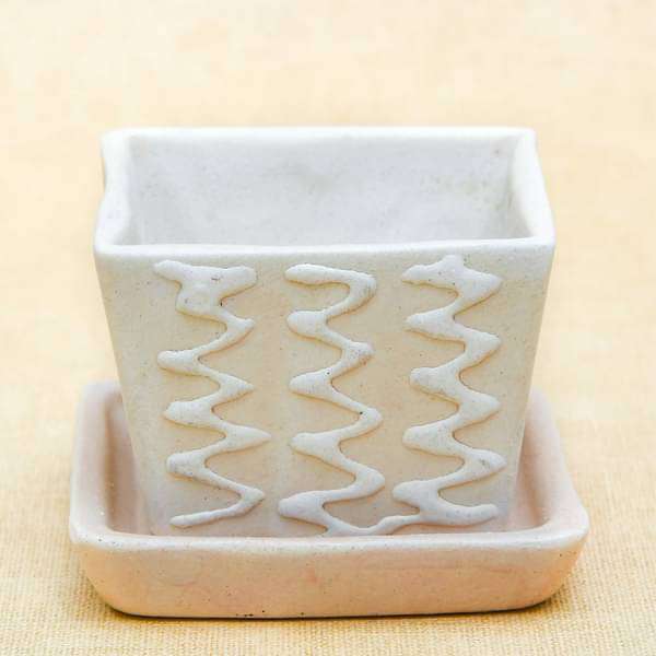 3.1 inch (8 cm) cp007 embossed square cone ceramic pot with plate (beige) (set of 2) 