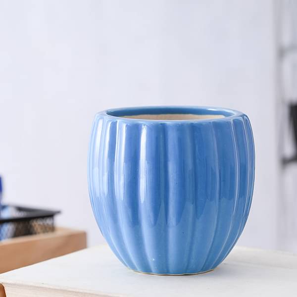 Buy 3.1 inch (8 cm) Vertical Ridges Pattern Round Ceramic Pot (Blue ...