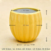 3.1 inch (8 cm) vertical ridges pattern round ceramic pot (yellow) (set of 2) 