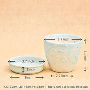 3.7 inch (9 cm) cp018 embossed round egg ceramic pot with plate (aqua blue) (set of 2) 