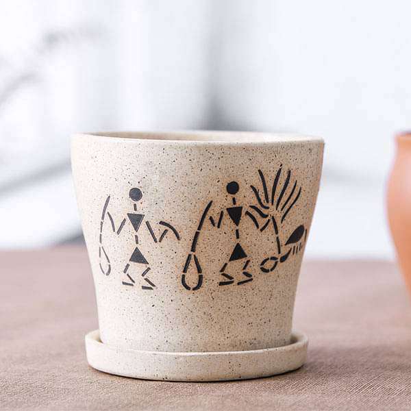 3.9 inch (10 cm) warli painting marble finish round ceramic pot with attached plate (light brown) (set of 2) 