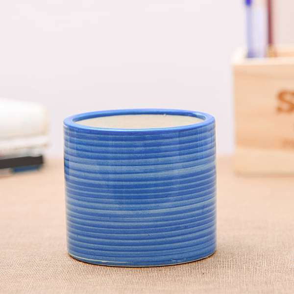4.1 inch (10 cm) ring design cylindrical ceramic pot (blue) (set of 2) 