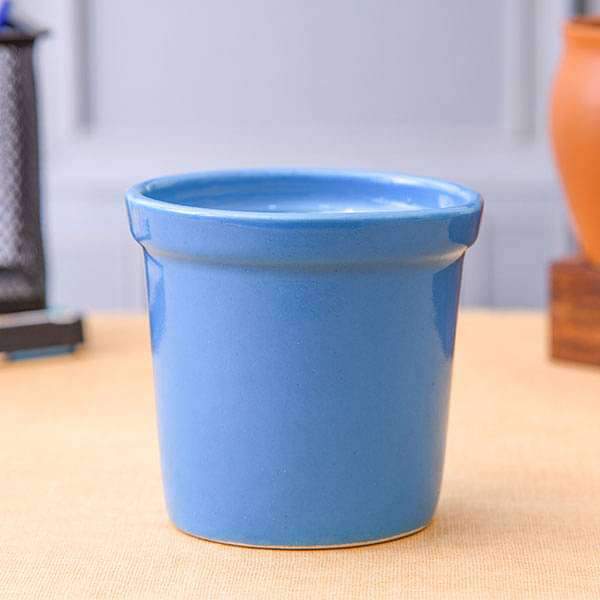 4.1 inch (10 cm) round ceramic pot with rim (blue) (set of 2) 