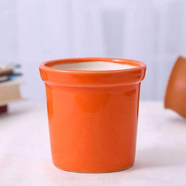 Buy 4.1 inch (10 cm) Round Ceramic Pot with Rim (Orange) (set of 2 ...