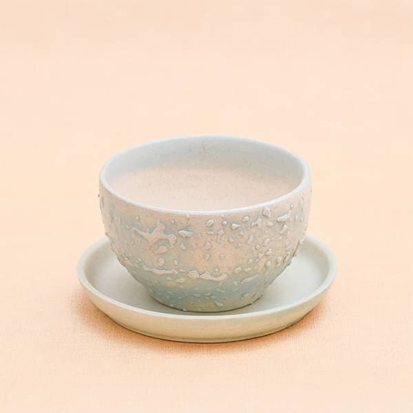 4.4 inch (11 cm) cp014 embossed bowl round ceramic pot with plate (aqua blue) 