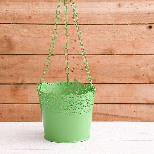 6.5 inch (17 cm) aching hanging round metal pot with chain (green) (set of 3) 