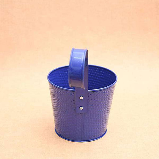 7 inch (18 cm) dot embossed railing round metal planter (blue) (set of 3) 