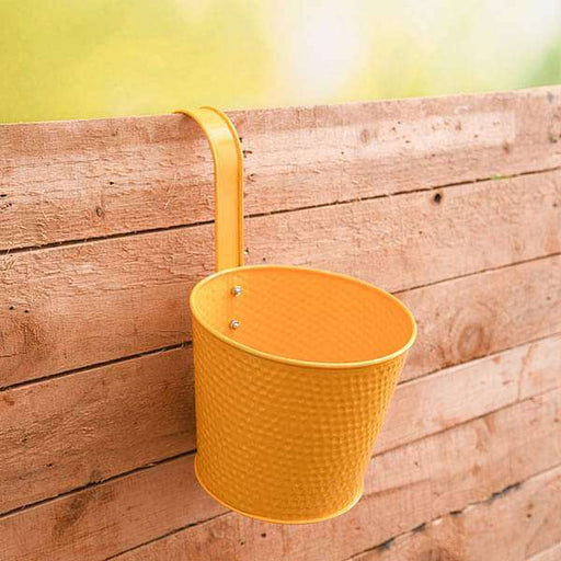 7 inch (18 cm) dot embossed railing round metal planter (yellow) (set of 3) 