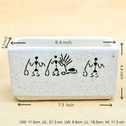 8.4 inch (21 cm) warli painting marble finish rectangle ceramic pot (white) (set of 2) 
