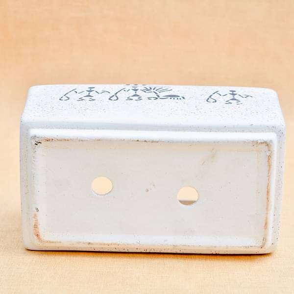 8.4 inch (21 cm) warli painting marble finish rectangle ceramic pot (white) (set of 2) 