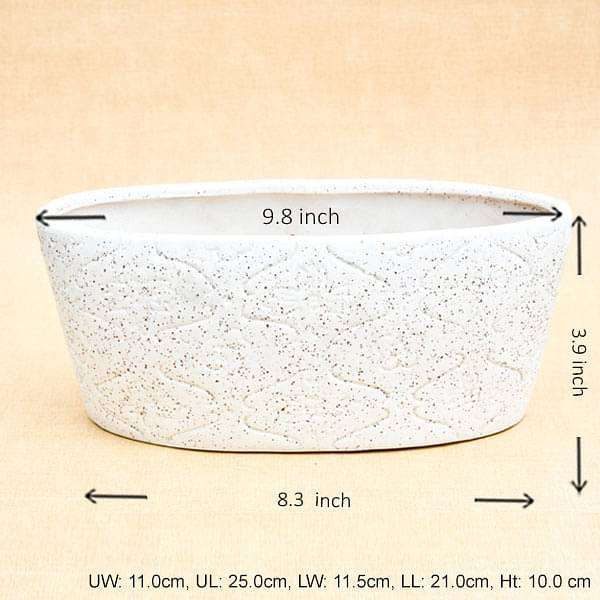 9.8 inch (25 cm) embossed marble finish oval ceramic pot (white) (set of 2) 